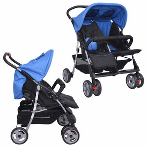 Zwillingskinderwagen Stahl Blau Schwarz