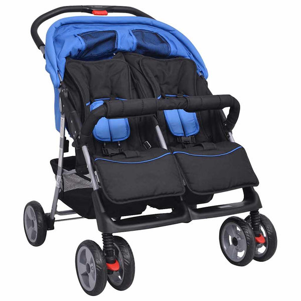 vidaXL Poussette double en acier bleu et noir