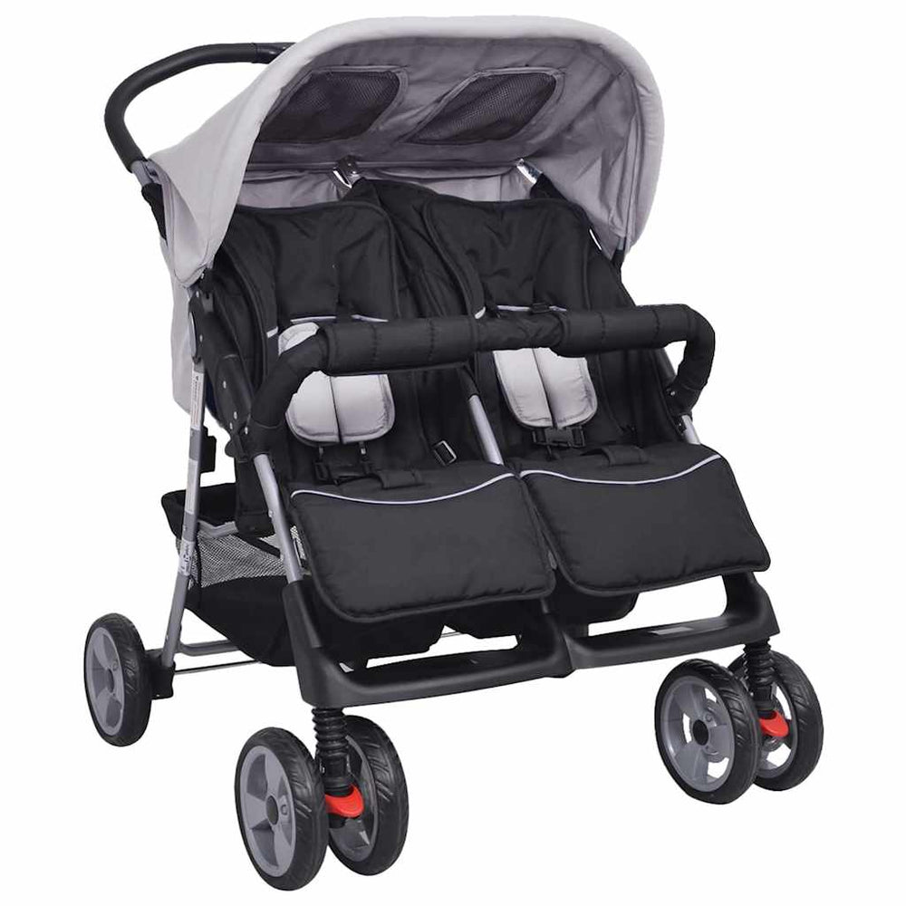 vidaXL Poussette double en acier gris et noir