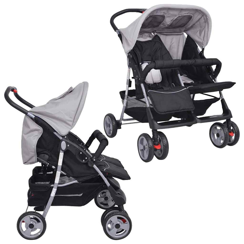 vidaXL Poussette double en acier gris et noir