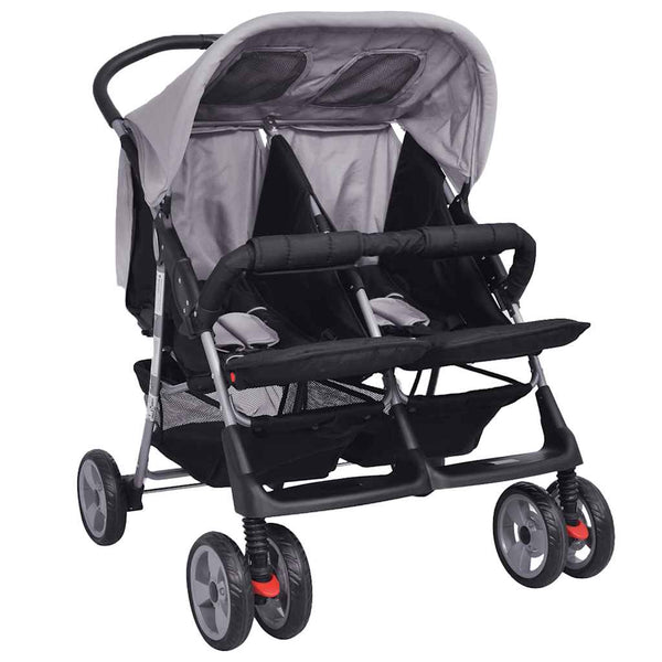 Zwillingskinderwagen Stahl Grau und Schwarz