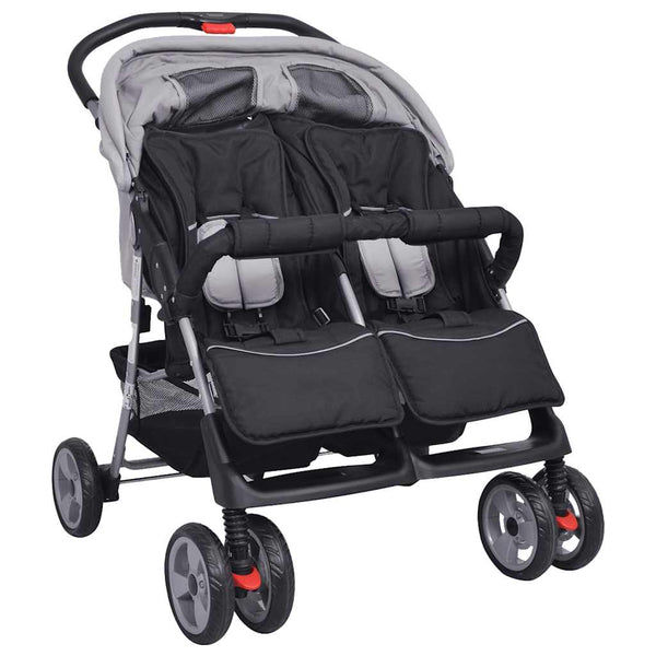 Zwillingskinderwagen Stahl Grau und Schwarz