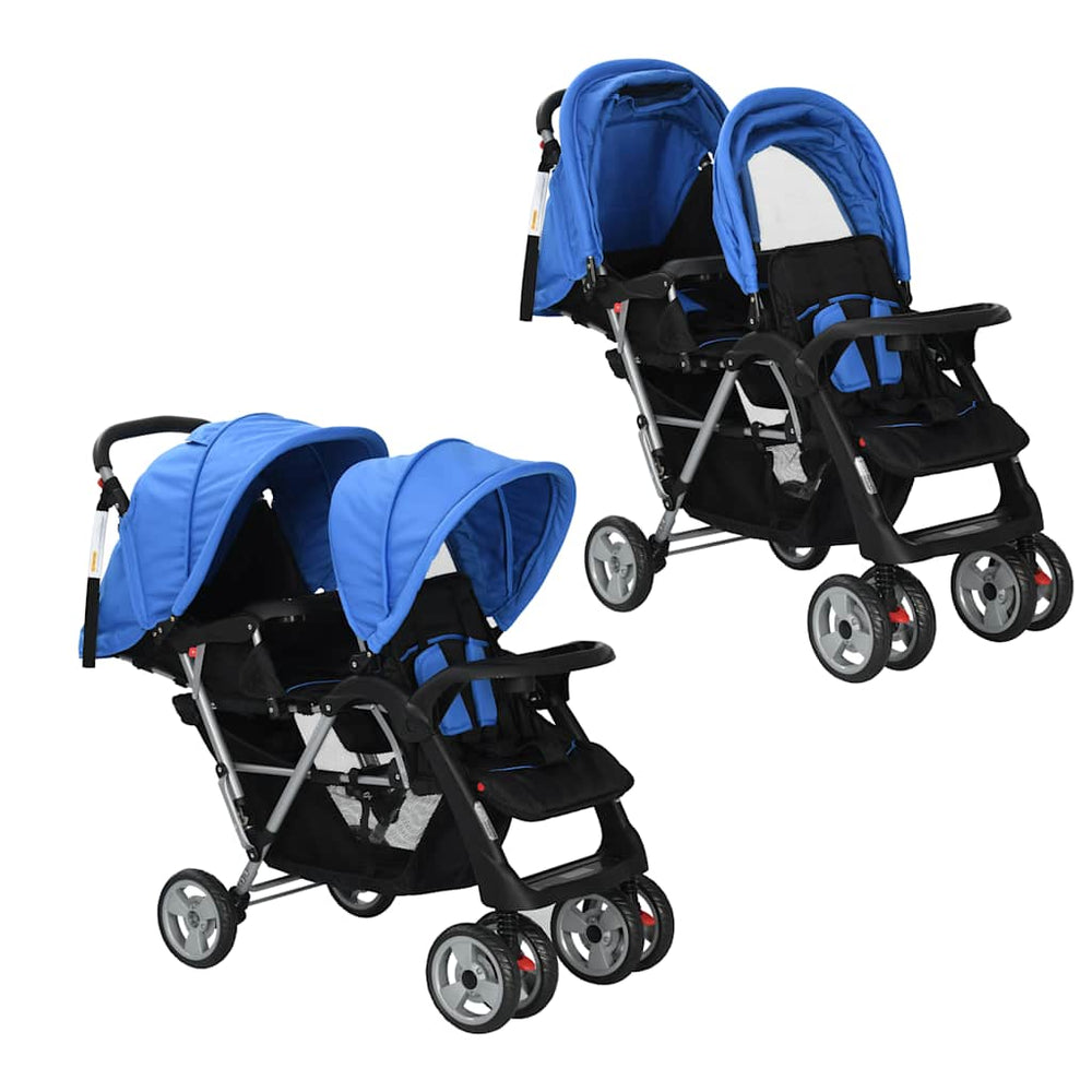 vidaXL Poussette double tandem en acier bleu et noir
