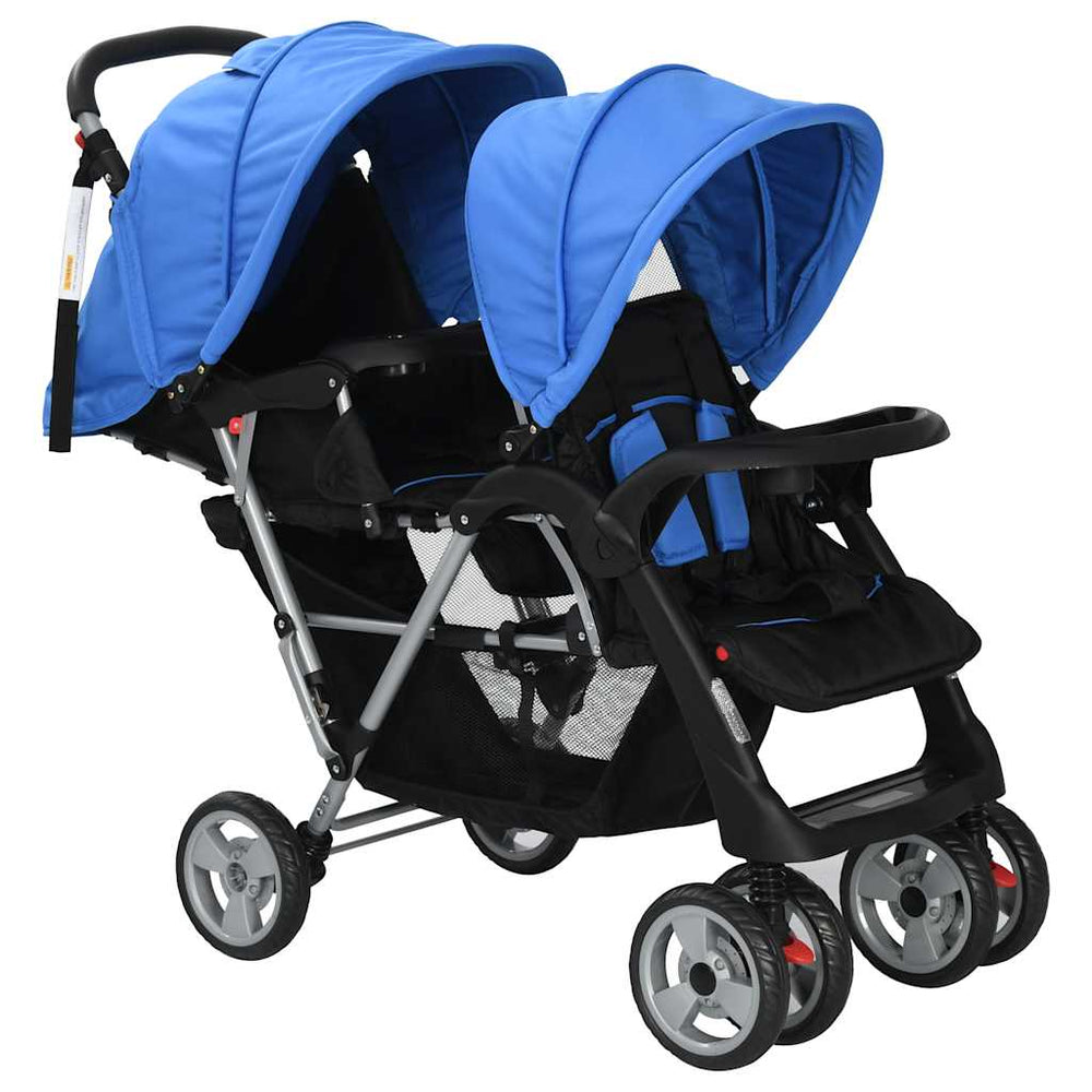 vidaXL Poussette double tandem en acier bleu et noir