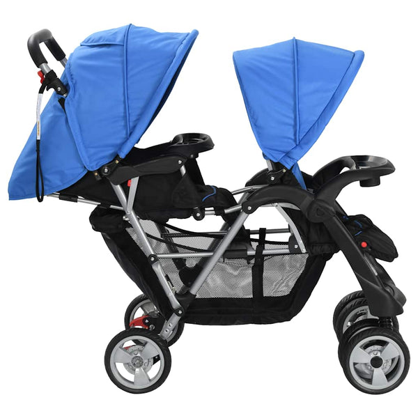 vidaXL Poussette double tandem en acier bleu et noir