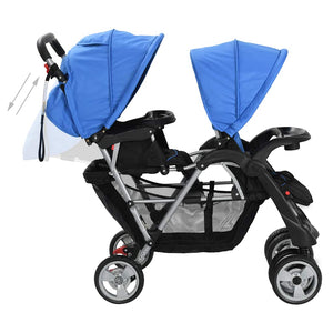 vidaXL Poussette double tandem en acier bleu et noir