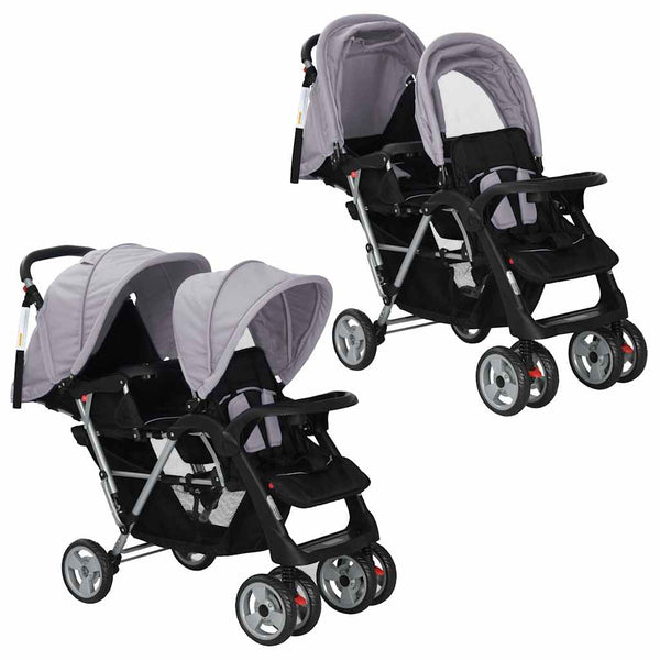 vidaXL Poussette double en acier Gris et noir