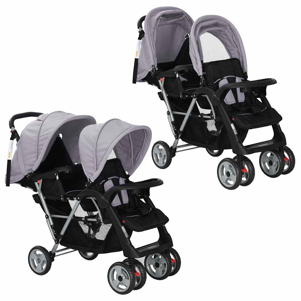 vidaXL Poussette double en acier Gris et noir