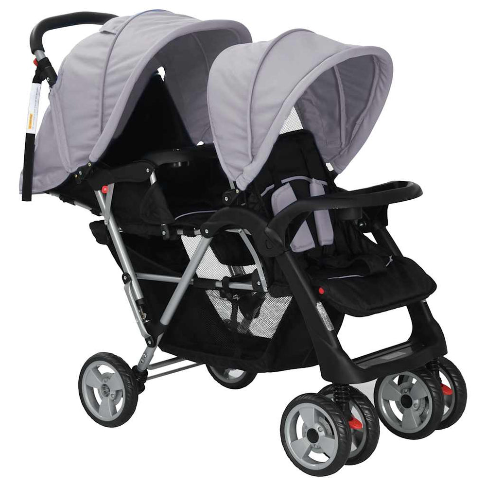 vidaXL Poussette double en acier Gris et noir