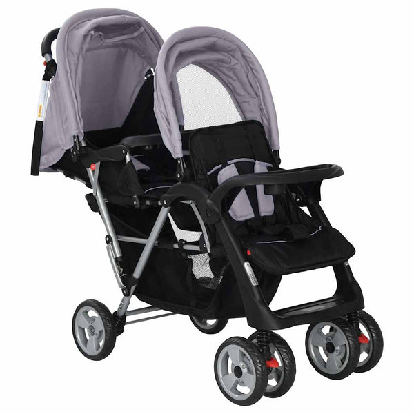vidaXL Poussette double en acier Gris et noir