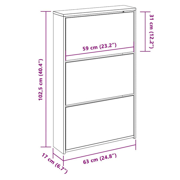 Schuhschrank mit 3 Fächern Spiegel Weiß 63x17x102,5 cm