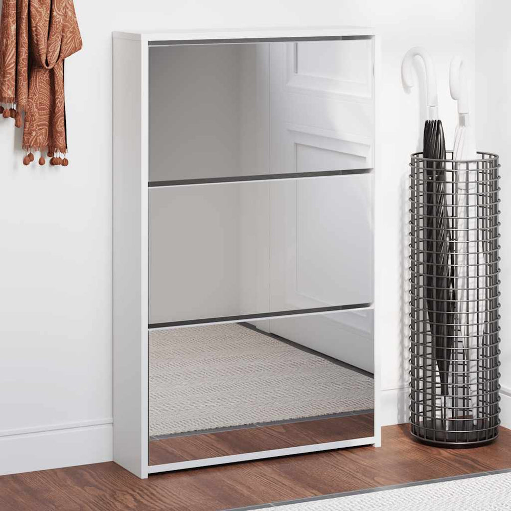 Schuhschrank mit 3 Fächern Spiegel Weiß 63x17x102,5 cm