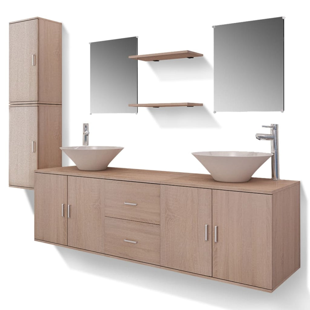 11-tlg. Badmöbel-Set mit Waschbecken und Wasserhahn Beige