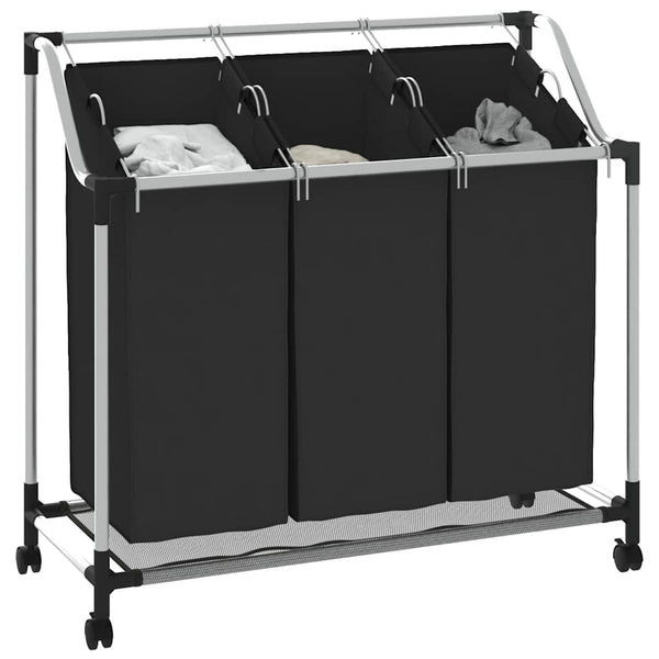 Wäschekorb mit 3 Taschen Schwarz Stahl