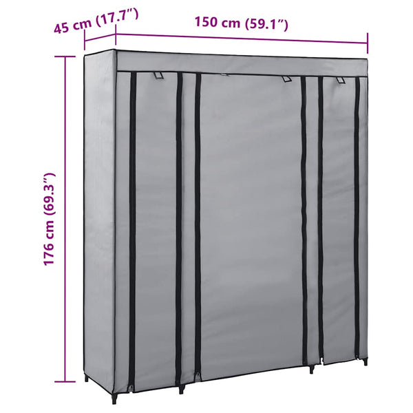 Stoffschrank mit Fächern Kleiderstangen Grau 150x45x176cm