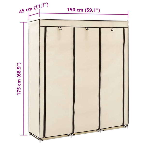 Kleiderschrank mit Fächern und Stangen Creme 150x45x175cm Stoff
