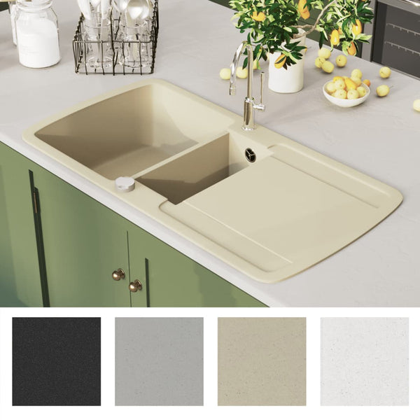 vidaXL Évier de cuisine double bac en granit beige