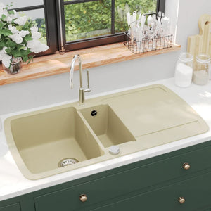 vidaXL Évier de cuisine double bac en granit beige