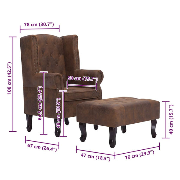 Chesterfield-Sessel und Fußhocker Braun Wildleder-Optik