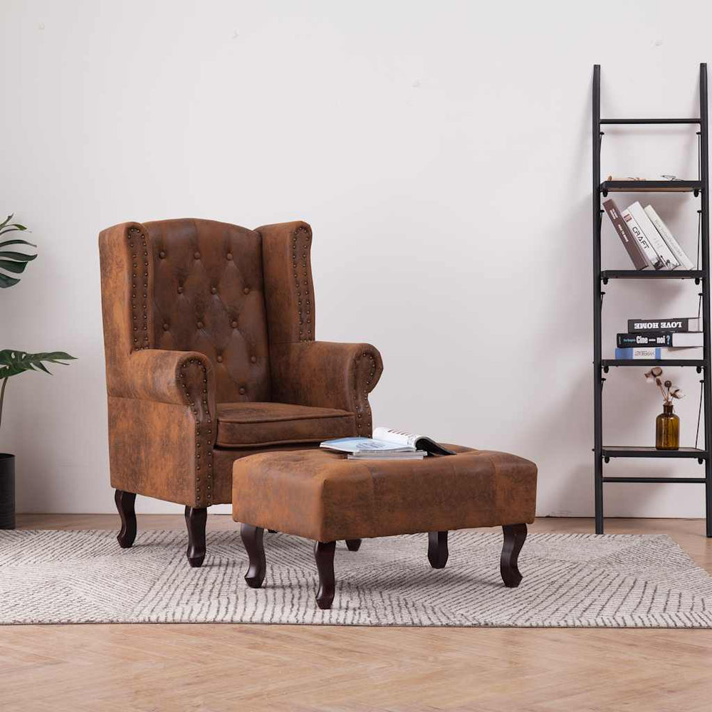 vidaXL Chesterfield Armchair and Footstool Brown Suede Look