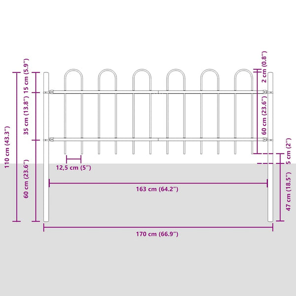 Gartenzaun BOXTEL mit Bügelaufsatz Stahl 181 x 60 cm Schwarz