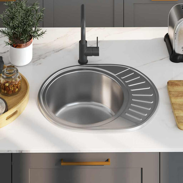vidaXL Built-in Sink with Strainer and Siphon Oval Stainless Steel