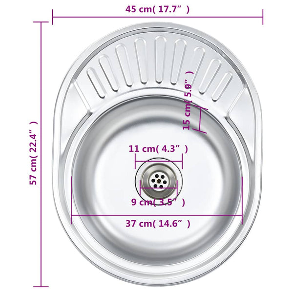 vidaXL Built-in Sink with Strainer and Siphon Oval Stainless Steel
