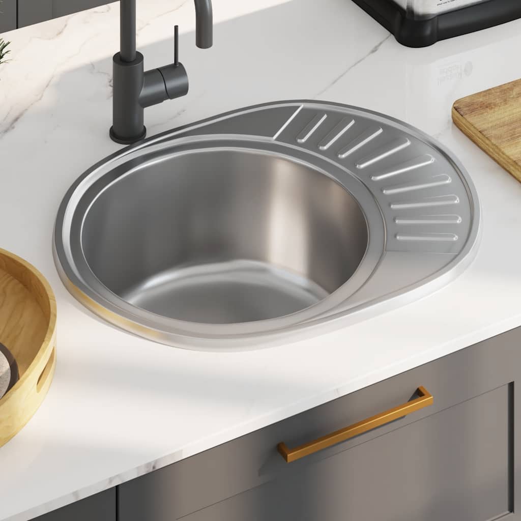 vidaXL Built-in Sink with Strainer and Siphon Oval Stainless Steel