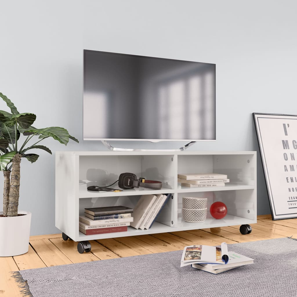 TV-Schrank Weiß Hochglanz Rollen 90x35x35 cm