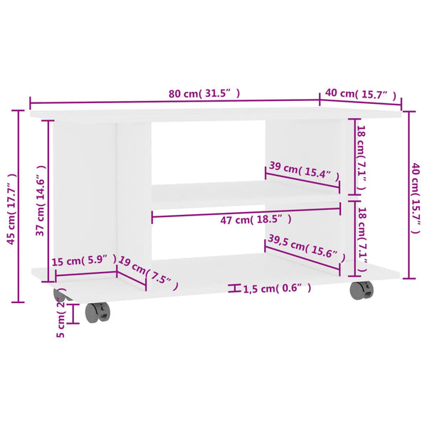 Weißer TV-Schrank mit Rollen 80x40x45 cm