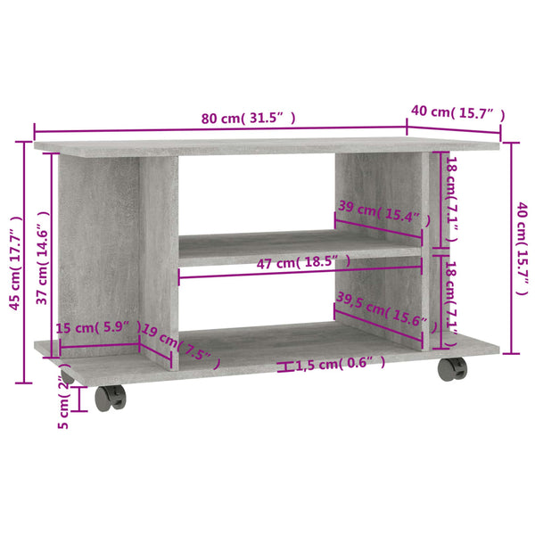 Betongrauer TV-Schrank mit Rollen