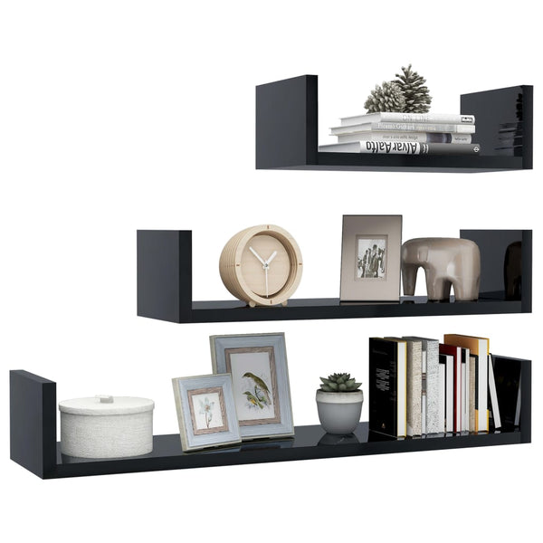 Wandregal Set, 3-teilig, Schwarz Hochglanz