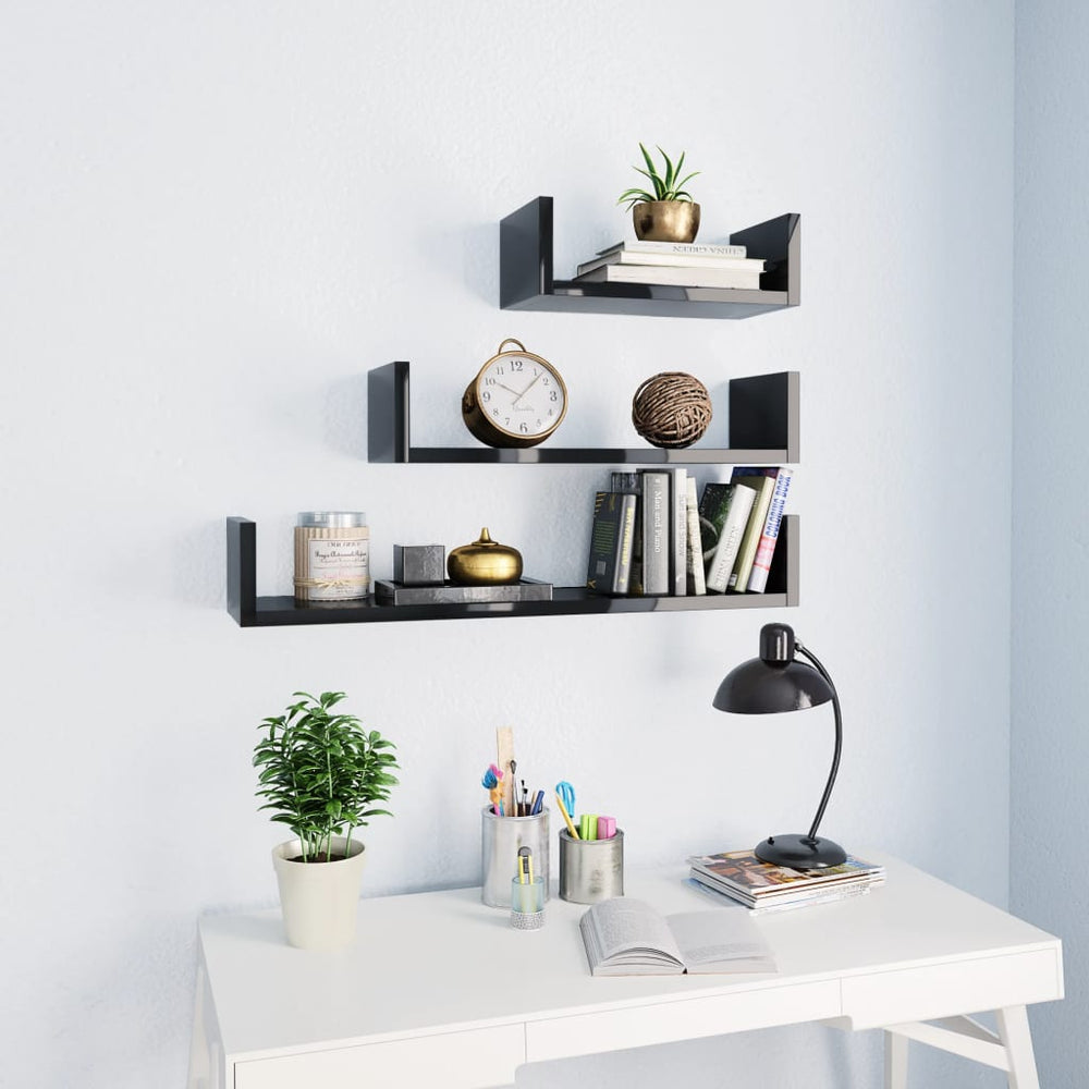 vidaXL Étagère murale 3 pcs Noir brillant Bois d'ingénierie
