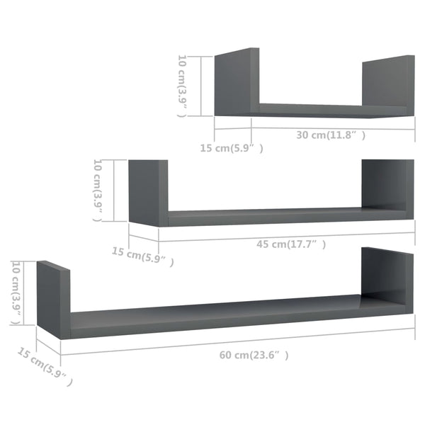 Wandregal Grau Hochglanz, 3er Set
