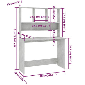 Schreibtisch mit Regalen, Betongrau, 110 cm