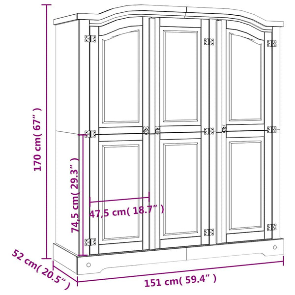 Kleiderschrank Mexiko-Stil Kiefernholz 3 Türen Grau