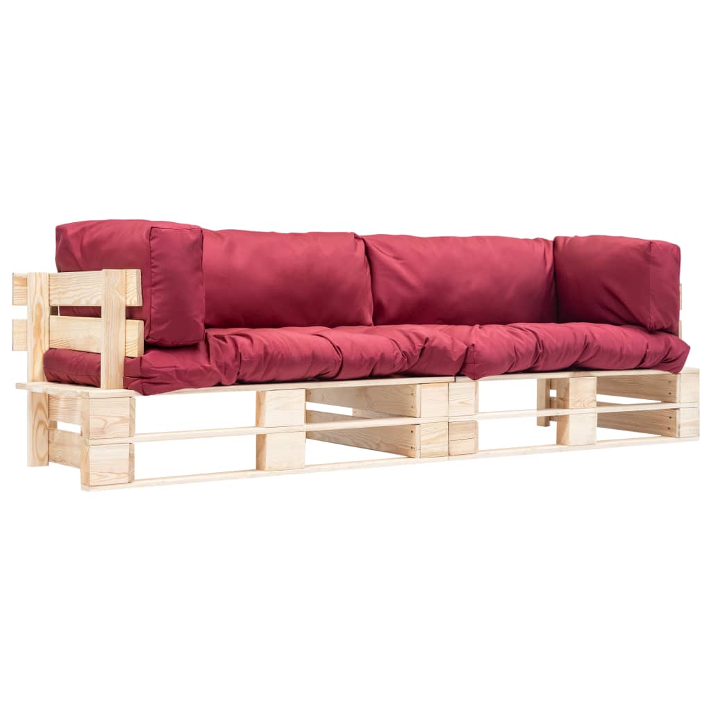 vidaXL Ensemble de canapés de palette d'extérieur 2 pcs avec coussins rouges en bois de pin