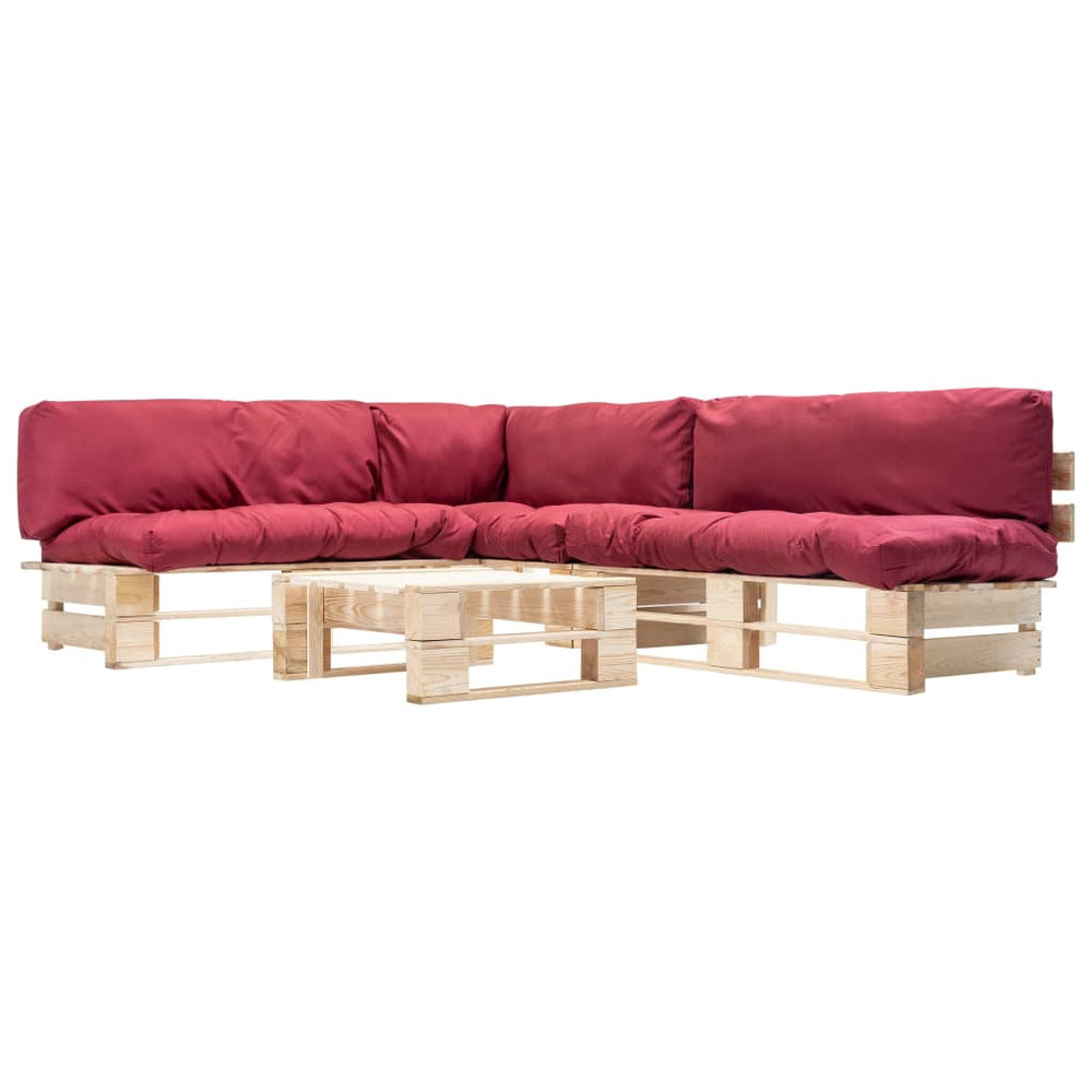 vidaXL Salon de jardin sur palettes 4 pcs avec coussins rouges en bois