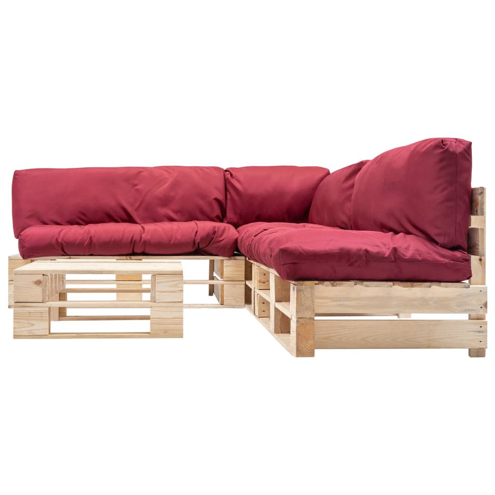vidaXL Salon de jardin sur palettes 4 pcs avec coussins rouges en bois