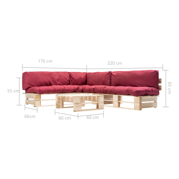 4-tlg. Paletten-Lounge-Set mit Kissen in Rot Holz