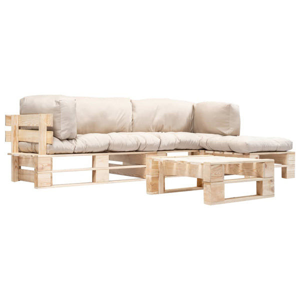 4-tlg. Paletten-Lounge-Set mit Kissen in Sandfarben Holz