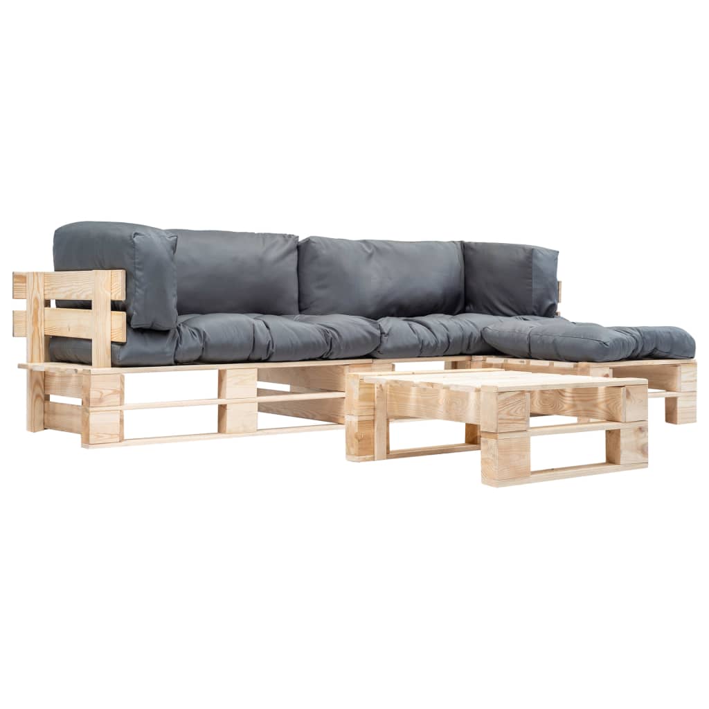 4-tlg. Paletten-Lounge-Set mit Kissen in Grau Holz