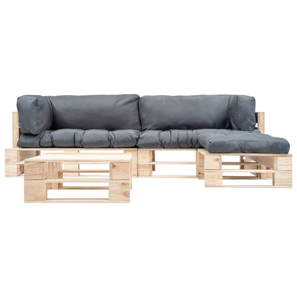4-tlg. Paletten-Lounge-Set mit Kissen in Grau Holz