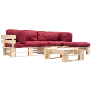 4-tlg. Paletten-Lounge-Set mit Kissen in Rot Holz
