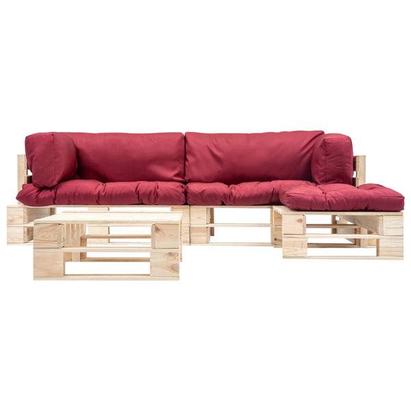 4-tlg. Paletten-Lounge-Set mit Kissen in Rot Holz