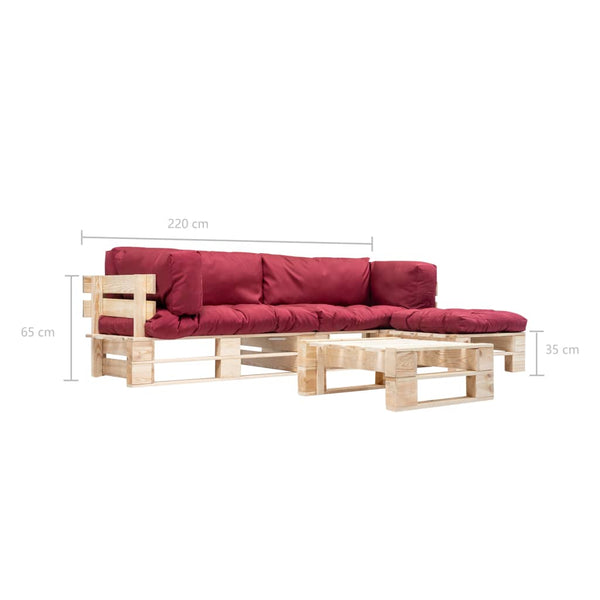 4-tlg. Paletten-Lounge-Set mit Kissen in Rot Holz