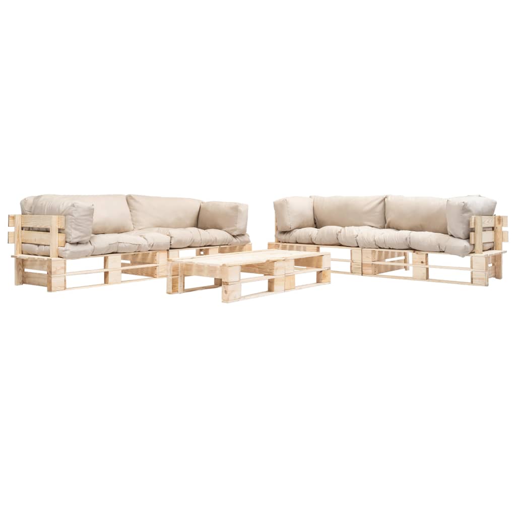 6-tlg. Garten-Paletten-Sofagarnitur Sandfarbige Kissen Holz
