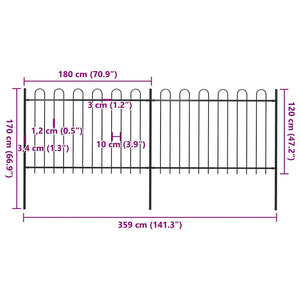 Gartenzaun mit Rundbogen Stahl 359 x 120 cm Schwarz