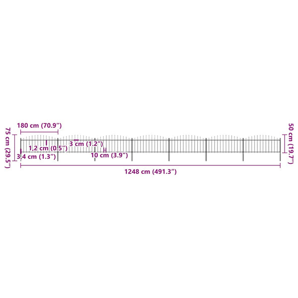 Gartenzaun mit Speerspitzen Stahl (0,5 - 0,75) x 11,9 m Schwarz