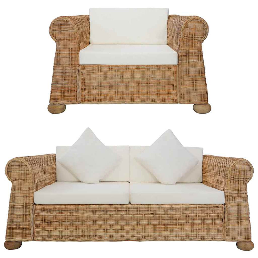 2-tlg. Sofagarnitur mit Kissen Natur Rattan